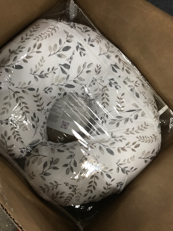 Photo 1 of Boppy Original Support Nursing Pillow, Gray Taupe Leaves, Ergonomic Breastfeeding, Bottle Feeding, and Bonding, Firm Hypoallergenic Fiber Fill, Removable Cover, Machine Washable