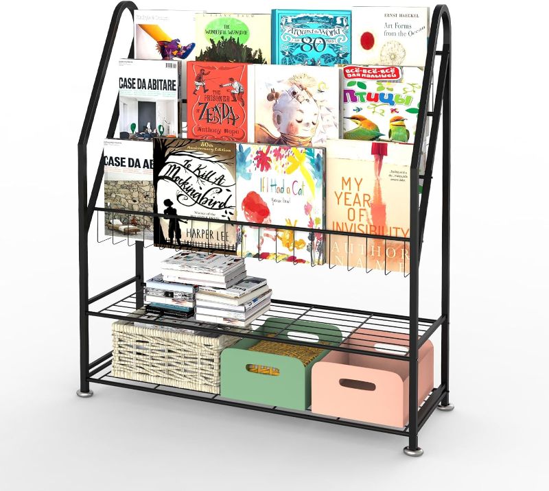 Photo 1 of Azheruol Kids Bookshelf Freestanding for Children Room 32 Inches Large Black Metal Bookcase Large Capacity Books Toys Organizer Stable 5 Tiers Kids Book Rack for Playroom Bookstore Library