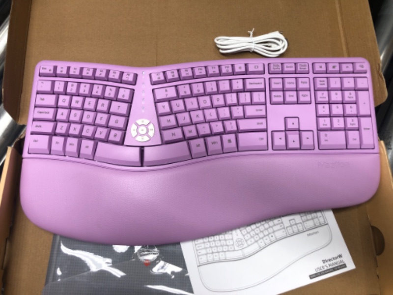 Photo 2 of MEETION Ergonomic Keyboard, Split Wireless Keyboard with Cushioned Wrist, Palm Rest, Curved, Natural Typing Full Size Rechargeable Keyboard with USB-C Adapter for PC/Computer/Laptop/Windows/Mac,Purple