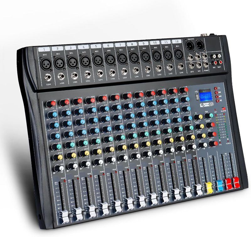 Photo 1 of 12 Channel Audio Mixer Sound Board DJ Mixer USB Audio Interface 48V Phantom Power Reverb Delay Effect Bluetooth USB MP3 Karaoke Mixer for PC Recording,Live Streaming