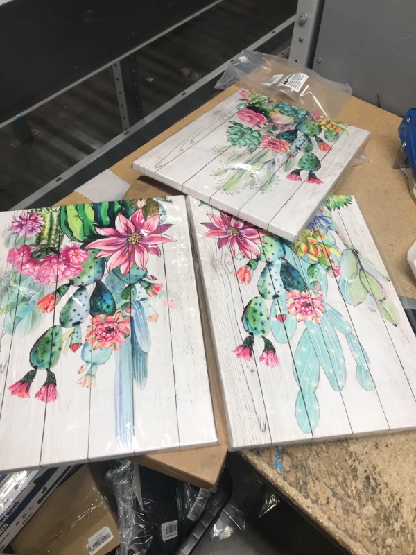 Photo 1 of 3 Piece Framed Wall Art Watercolor Tropical Plant Desert Cactus Canvas Print for Bedroom Bathroom Spiny Flower Artwork Home Office Wall Decoration 12x16 3 panels Decor 12x16x3 Green