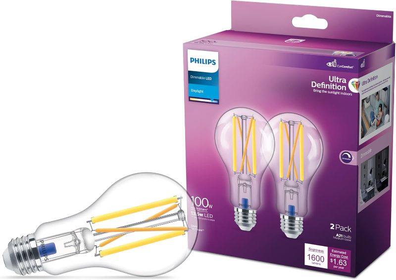 Photo 1 of Philips LED Flicker-Free Clear Dimmable A21 Light Bulb - EyeComfort Technology - 1600 Lumen - Daylight (5000K) – 13.5W=100W - E26 Base - Title 20 Certified - Ultra Definition - Indoor - 2-Pack
