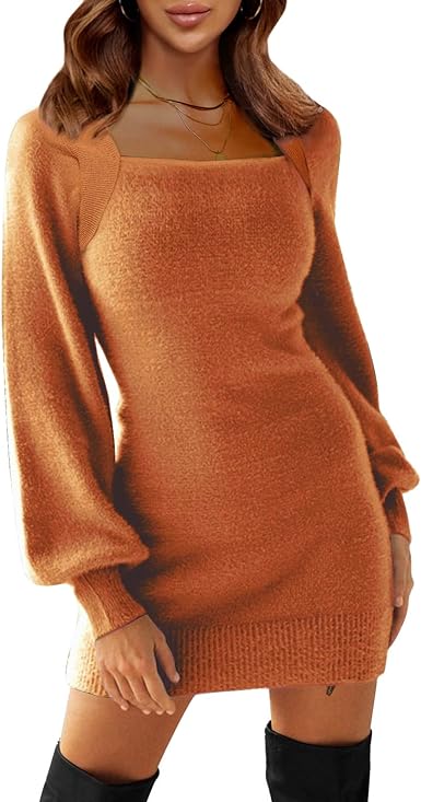 Photo 1 of EXLURA Women's 2023 Long Lantern Sleeve Bodycon Sweater Dress Sexy Square Neck Knit Fall Winter Dresses XL