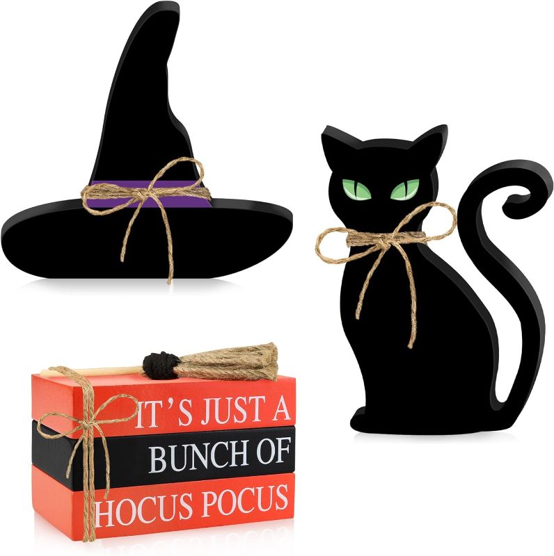 Photo 1 of 5PCS Halloween Wooden Signs - 3 PCS Faux Wood Books Stack & 1PCS Witch Hat & 1PCS Black Cat Wooden Table Signs, Rustic Farmhouse Halloween Tiered Tray Decor, Hocus Pocus Halloween Decorations Indoor