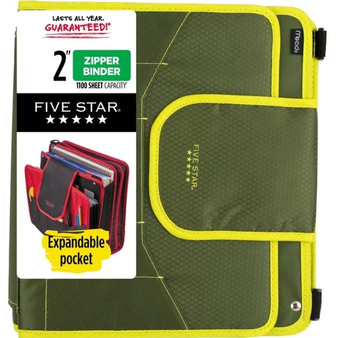 Photo 1 of Five Star 2" Sewn Zipper Binder High Capacity Olive/Citrus

