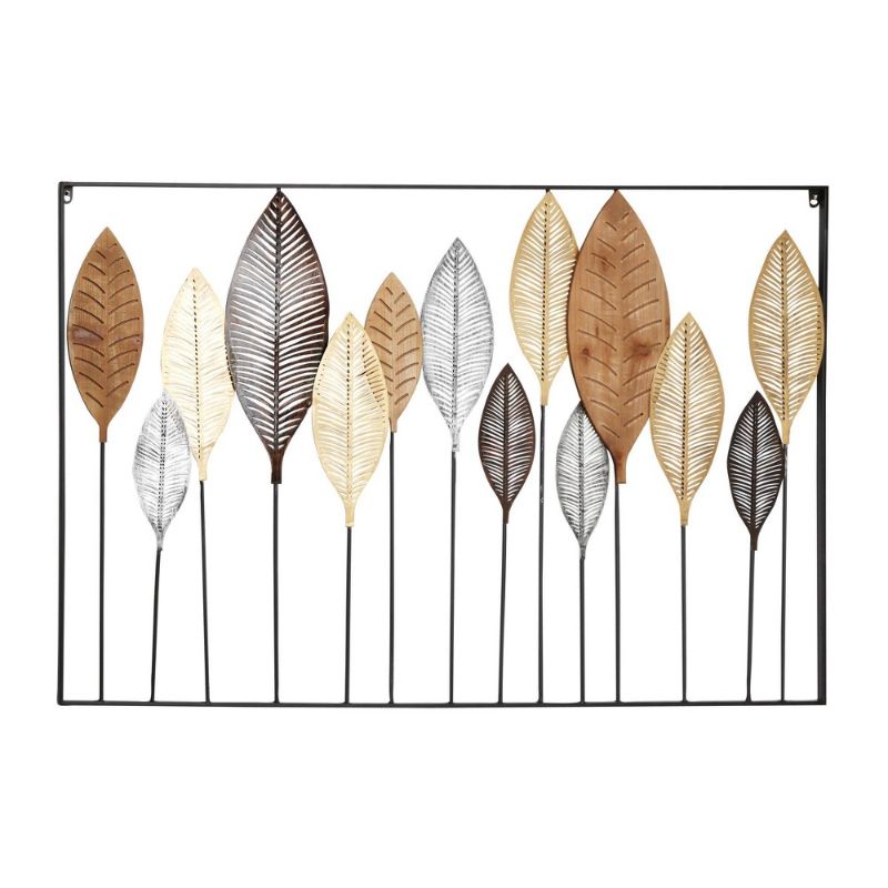 Photo 1 of 47 X 31.5 Large Metal and Wood Leave Sculpture Wall Decor Gray/Gold/Silver - Olivia & May
