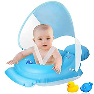 Photo 1 of Baby Pool Float with Canopy, Baby Swimming Float Add Tail No Flip, Infant Pool Float, Inflatable Toddler Pool Float with Toys for Age of 3-36 Months (Large, Blue) 