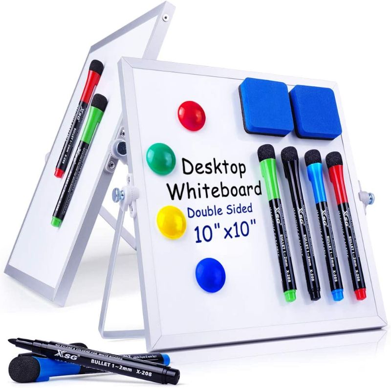 Photo 1 of 2 Pack Dry Erase White Board - 10''x10'' Magnetic Desktop Whiteboard with Stand, 8 Markers, 4 Magnets, 2 Erasers - Portable Double-Sided White Board Easel for Kids/Drawing/Memo/to Do List/Wall/School