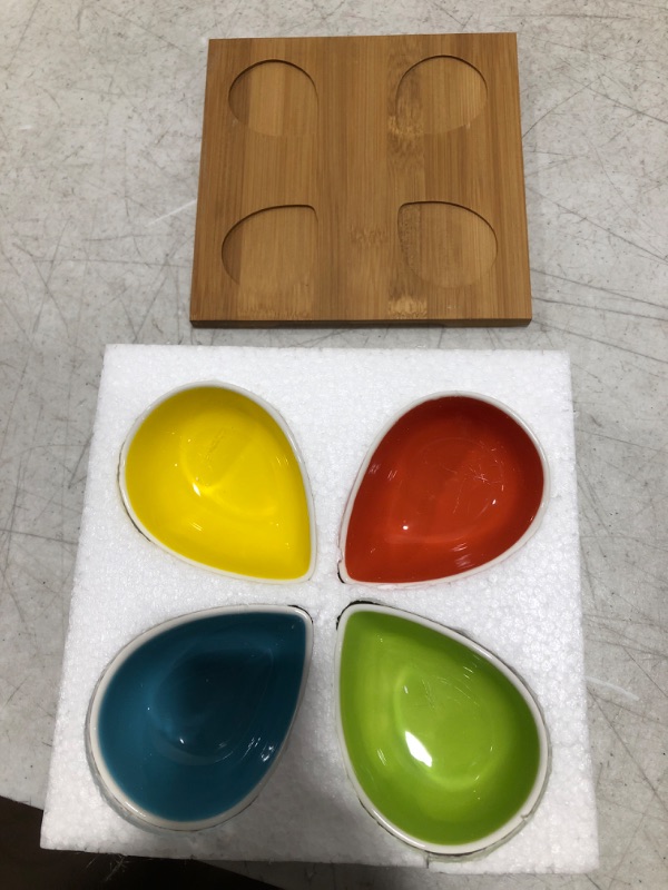 Photo 2 of DEAYOU 4 Pack Pinch Bowls, Ceramic Dip Mini Bowls with Bamboo Tray Set, Soy Sauce Serving Dishes for Ketchup, Condiments, Appetizer, Entertaining, Party, Nuts, Chips, Fruits, Candy, Desserts, Relish