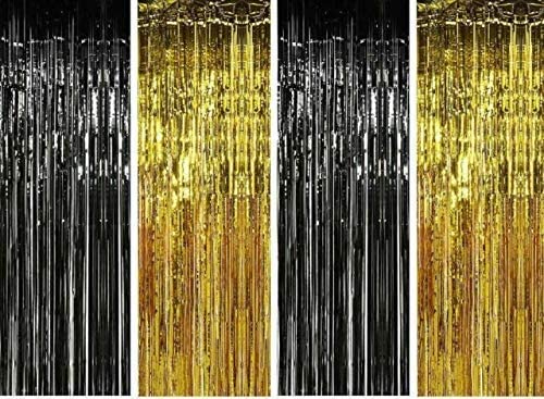 Photo 1 of 4pc Gold(2) & Black (2) Metallic Tinsel Foil Fringe Curtains, Door Backdrop, 3 x 8ft Decoration for Birthday Graduation Bridal Shower Baby Wedding Party Bachelorette Photo Booth Gatsby 1920 New Years
