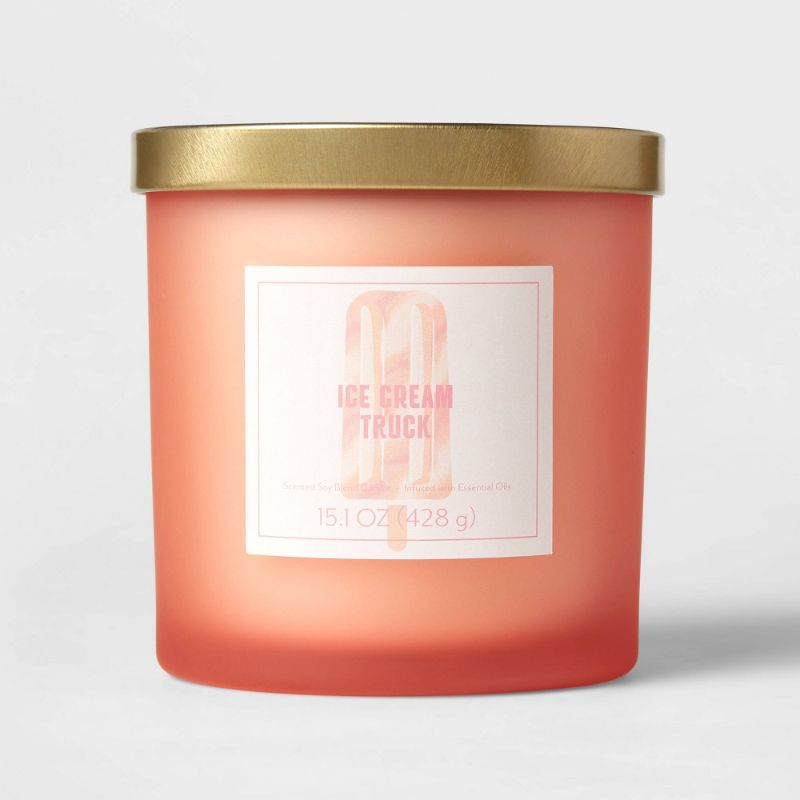 Photo 1 of 15oz Lidded Glass Jar 2-Wick Candle Ice Cream Treat Graphic Label Ice Cream Truck Peach Orange - Opalhouse™
