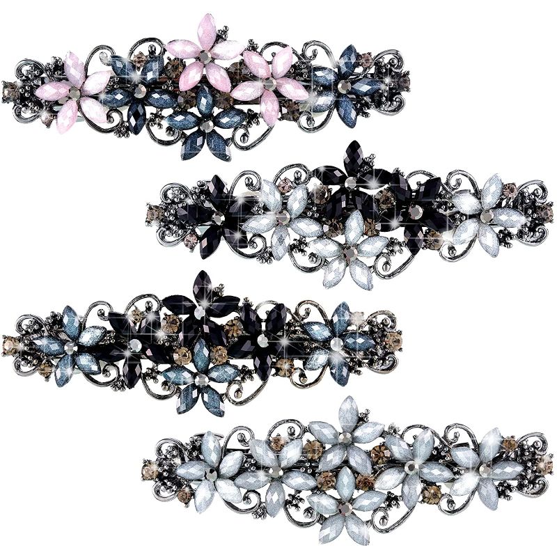 Photo 1 of 4 Pieces Rhinestones Hair Barrettes for Women Crystal French Hair Accessories Spring Vintage Flower Hair Clips Wedding Barrette Retro Elegant Hair Jewelry for Women Girls Hair Styling Tools