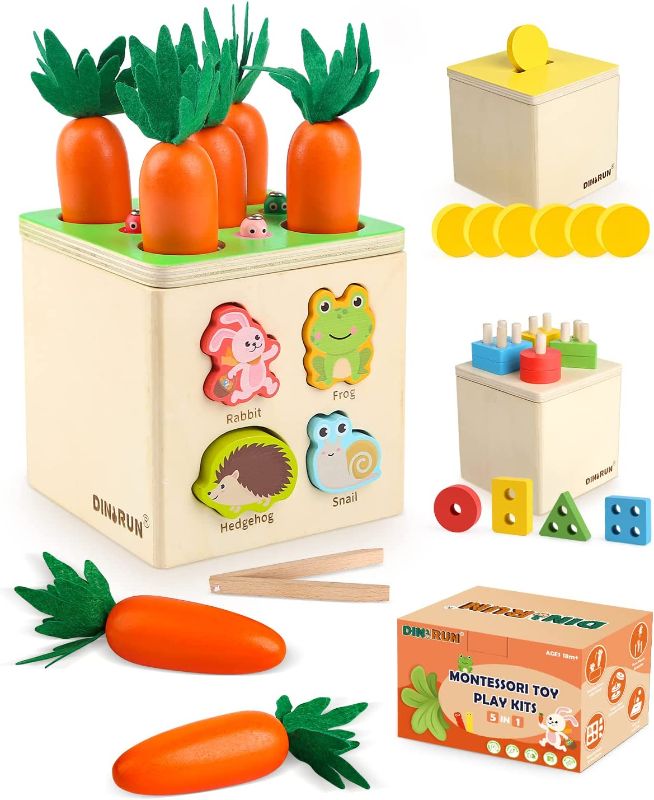 Photo 1 of DINORUN Montessori Toys for 1 2 3 Year Old, 5 in 1 Wooden Toy Box Includes Object Permanence Box, Carrot Harvest, Shape Sorter-Educational Toys for Baby Toddler 6-12 12-18 Months