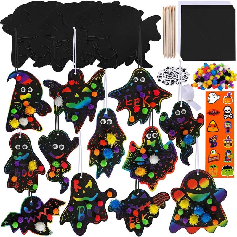 Photo 1 of 48 Sets Magic Color Scratch Halloween Ghost Hanging Ornaments Bookmarks Craft Kit Assorted Paper Ghost Cutouts Pom-poms Googly Eyes for Kids Classroom Party Favors Halloween Decor