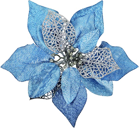 Photo 1 of 20 Set 8.7" Wide 3 Layers Christmas Blue Glitter Poinsettia Flowers Picks Christmas Tree Ornaments for Blue Christmas Tree Wreath Garland Seasonal Holiday Navidad Wedding Decorations Gift Box Included
