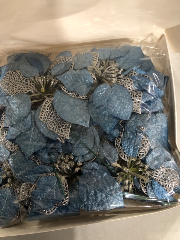 Photo 2 of 20 Set 8.7" Wide 3 Layers Christmas Blue Glitter Poinsettia Flowers Picks Christmas Tree Ornaments for Blue Christmas Tree Wreath Garland Seasonal Holiday Navidad Wedding Decorations Gift Box Included
