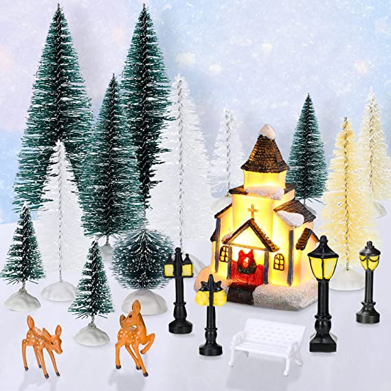 Photo 1 of 21 Pcs Christmas Village Figurines Decoration Set Village Displays Christmas Pine Trees LED Miniature Village House Mini Streetlight Chair and Snow Cotton for Xmas Room Landscape Decor (Novel Style)
