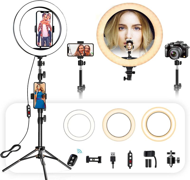 Photo 1 of WUZHI 10 inch Ring Light with Stand and Phone Holder, Selfie Ringlight with Tripod & 2 Phone Holders for YouTube,Tiktok,Makeup,Photography and Filming, Compatible for All Camera/Phones
