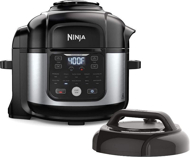 Photo 1 of Ninja FD302 Foodi 11-in-1 Pro 6.5 qt. Pressure Cooker & Air Fryer that Steams, Slow Cooks, Sears, Sautés, Dehydrates & More, with 4.6 qt. Crisper Plate, Nesting Broil Rack & Recipe Book, Silver/Black