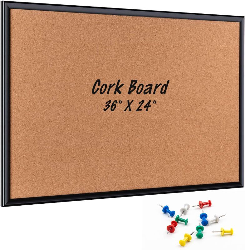 Photo 1 of ORIENTOOLS 36 x 24 Inch Cork Board with 10 Color Pins, Bulletin Board with Black Frame for Home, Office, School, Cubicle, etc.