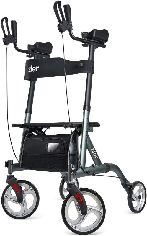 Photo 1 of Zler Upright Walkers for Seniors, Upright Rollator Walker with Seat and Big Wheels, Folding Walker Back Erect Rolling Mobility Walking Aid with Backrest Padded Armrests for Elderly, Seniors Adults

