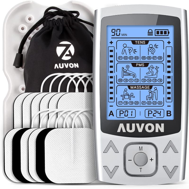 Photo 1 of AUVON Dual Channel TENS EMS Unit 24 Modes Muscle Stimulator for Pain Relief, Rechargeable TENS Machine Massager with 12 Pads, ABS Pads Holder, USB Cable and Dust-Proof Storage Bag