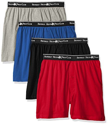 Photo 1 of Beverly Hills Polo Club mens Beverly Hills Polo Club Men's 4 Pack Knit Boxer Shorts, Red/Black/Blue/Grey Heather, Large US