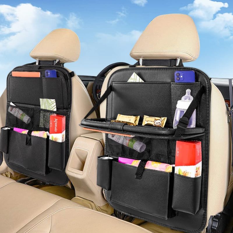 Photo 1 of Car BackSeat Organizer with Table Tray for PU Leather Foldable Dining Table Desk Back Seat Tablet Ipad Holder Tissue Storage Bag Pockets for Kids Travel Travel Accessories Organizer 1 PACK