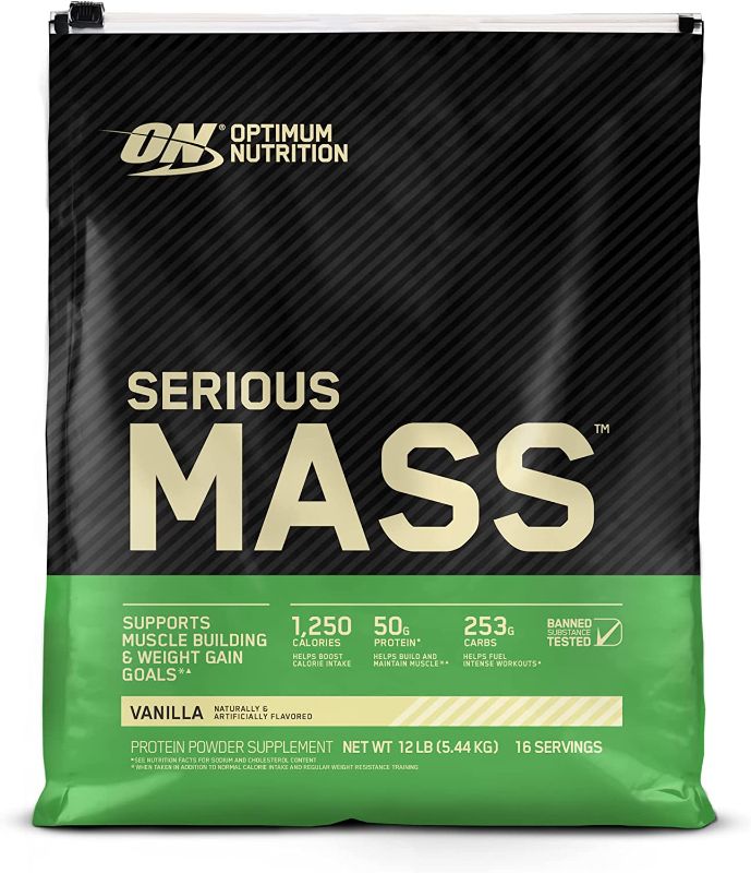 Photo 1 of Optimum Nutrition Serious Mass Weight Gainer Protein Powder Vitamin C Zinc and Vitamin D for Immune Support Vanilla 12 Pound (Packaging May Vary)

****EXPIRED****