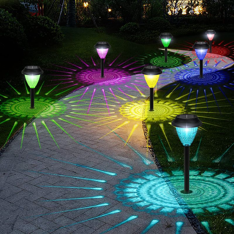 Photo 1 of 8 Pack Solar Outdoor Lights Waterproof, RGB Color Changing/Cool White LED Solar Pathway Lights, Solar Powered Garden Lights for Path Lawn Landscape Walkway Patio Driveway