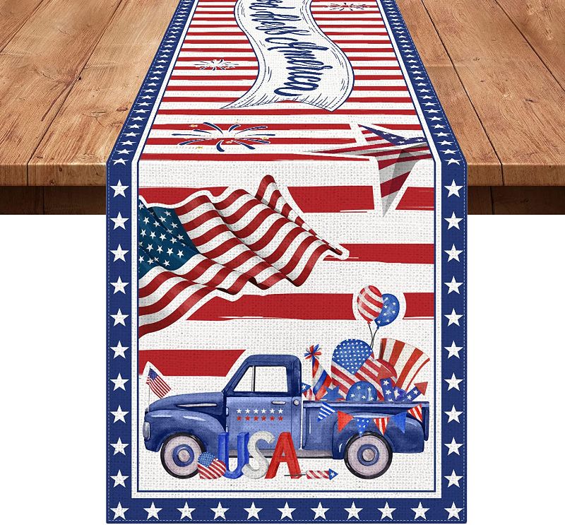 Photo 1 of 4th of July Table Runner 72 Inch Long, Patriotic American Flag Burlap Memorial Day Table Runner, Stripes Stars God Bless America Independence Day Table Cloth Decorations for Home Dining Room Party