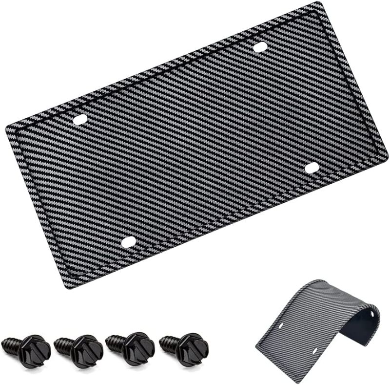 Photo 1 of 1 Pack Silicone Carbon Fiber Texture License Plate Frame Cover Front/Rear Tag Holder Rust-Proof Rattle-Proof Weather-Proof with Plates Stainless Steel Screws, Screw Caps for Car License Plate
