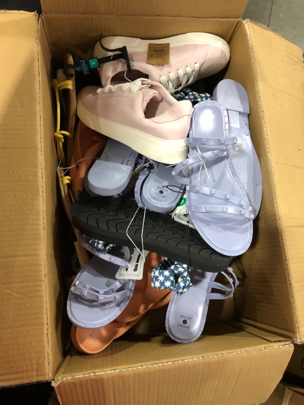 Photo 1 of BOX OF MISC FOOTWEAR VARIOUS SIZES STYLES AND COLORS SOLD AS IS