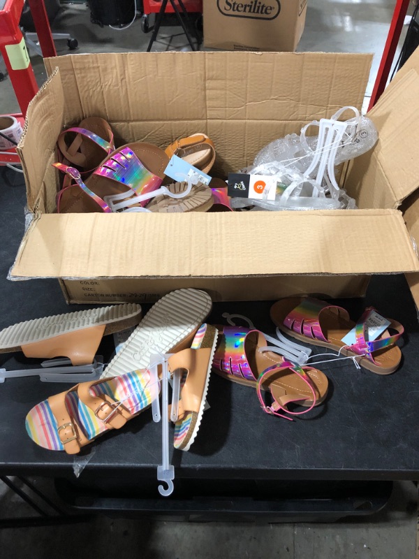 Photo 1 of BOX OF MISC FOOTWEAR VARIOUS SIZES STYLES AND COLORS SOLD AS IS