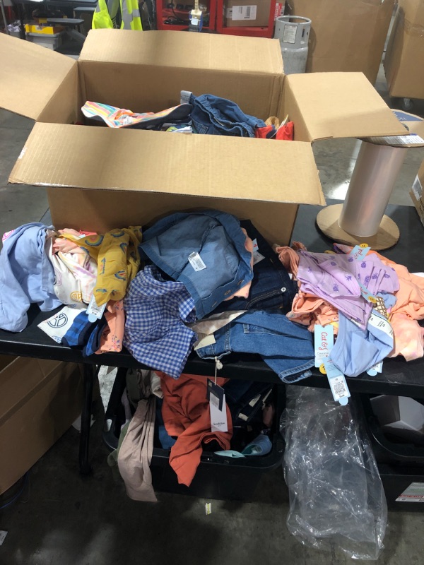 Photo 1 of BOX OF MISC CLOTHING ITEMS OF VARIOUS SIZES STYLES AND COLORS SOLD AS IS