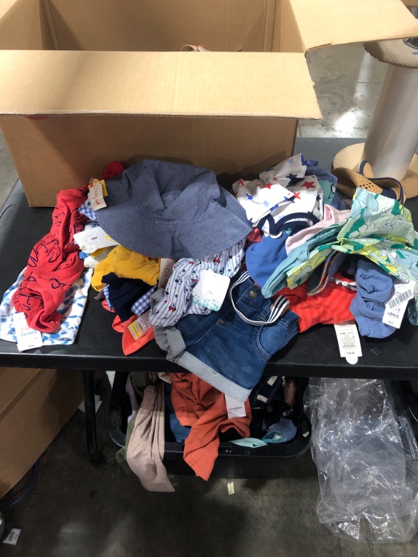 Photo 1 of BOX OF MISC CLOTHING ITEMS OF VARIOUS SIZES STYLES AND COLORS SOLD AS IS