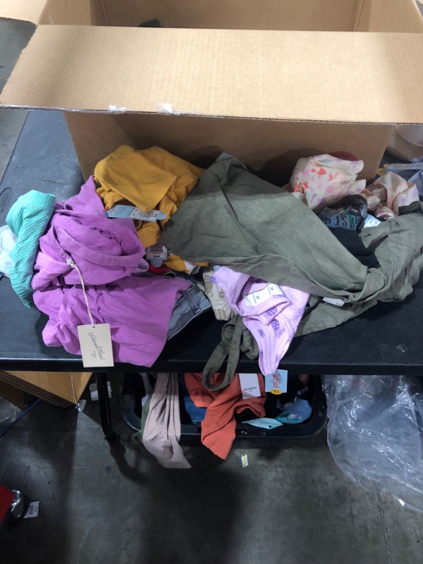 Photo 1 of BOX OF MISC CLOTHES OF VARIOUS SIZES STYLES AND COLORS