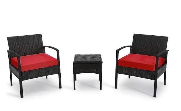 Photo 1 of 3-Piece Wicker Patio Conversation Set with Red Cushions
