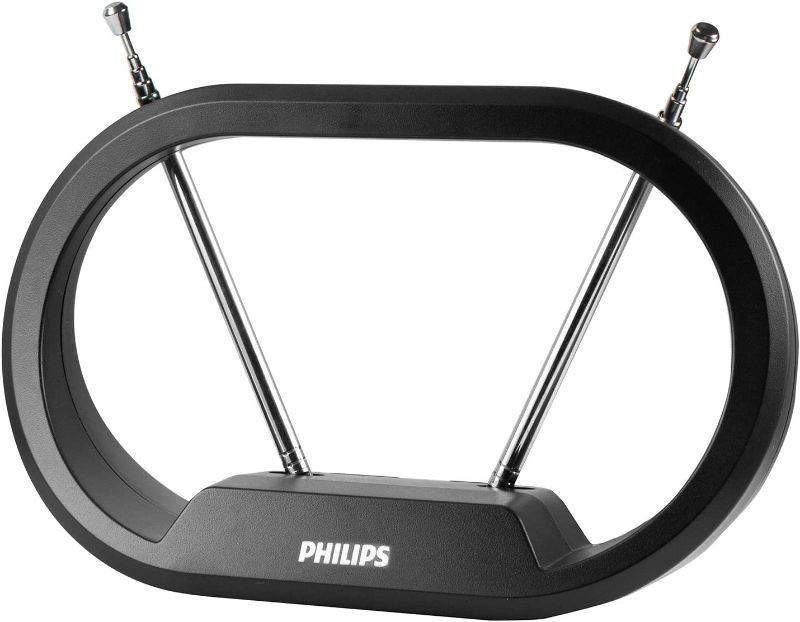 Photo 1 of Philips Modern Loop Rabbit Ears Indoor TV Antenna, 15 inch Extendable Dipoles, 4K 1080P VHF UHF, Tabletop Antenna, Digital HDTV Antenna, Smart TV Compatible, 4ft Coaxial Cable, Black, SDV7114A/27