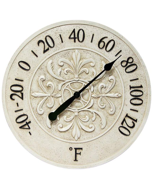 Photo 1 of Blanc Fleur 15 inch Decorative Outdoor Thermometer for Garage, Patio, Backyard, Outdoor Wall, Fence Outdoor Thermometer Decorative Patio Thermometer Vintage Antique Aged White Ivory Easy to Read
