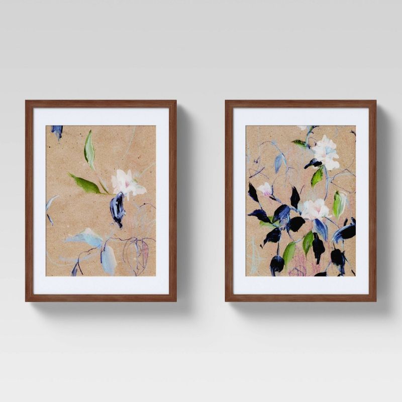 Photo 1 of (Set of 2) 12 X 16 Sketched Floral Matted Print in Walnut Frame Wall Canvases Blue - Threshold
