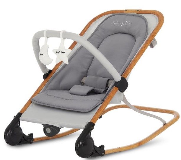Photo 1 of Dream on Me Rock with me 2-in-1 Rocker and Stationary Seat | Compact Portable Infant Rocker with Removable Toys Bar & Hanging Toys in Grey
