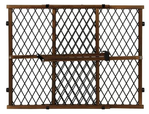 Photo 1 of Evenflo Position & Lock Adjustable Wood Baby Gate, Pressure-Mounted, Locking Latch, For Use with Infants, Toddlers & Pets, 26"-42", Farmhouse Brown
