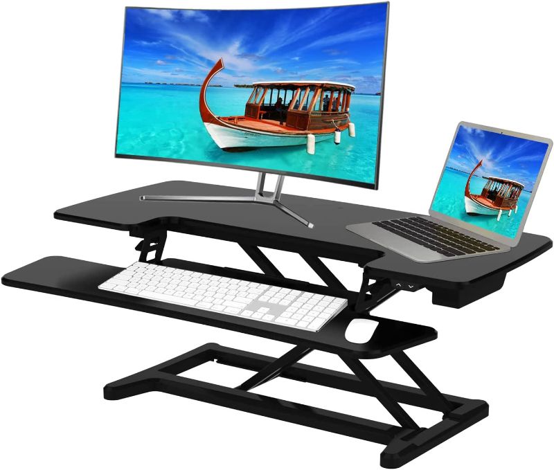 Photo 1 of [Electric] Aveyas 32 inch Standing Desk Converter, Height Adjustable Ergonomic Sit to Stand Up Riser, Dual Monitor Lift Computer Workstation for Home Offcie Cubicle Table Desktop (Black)
