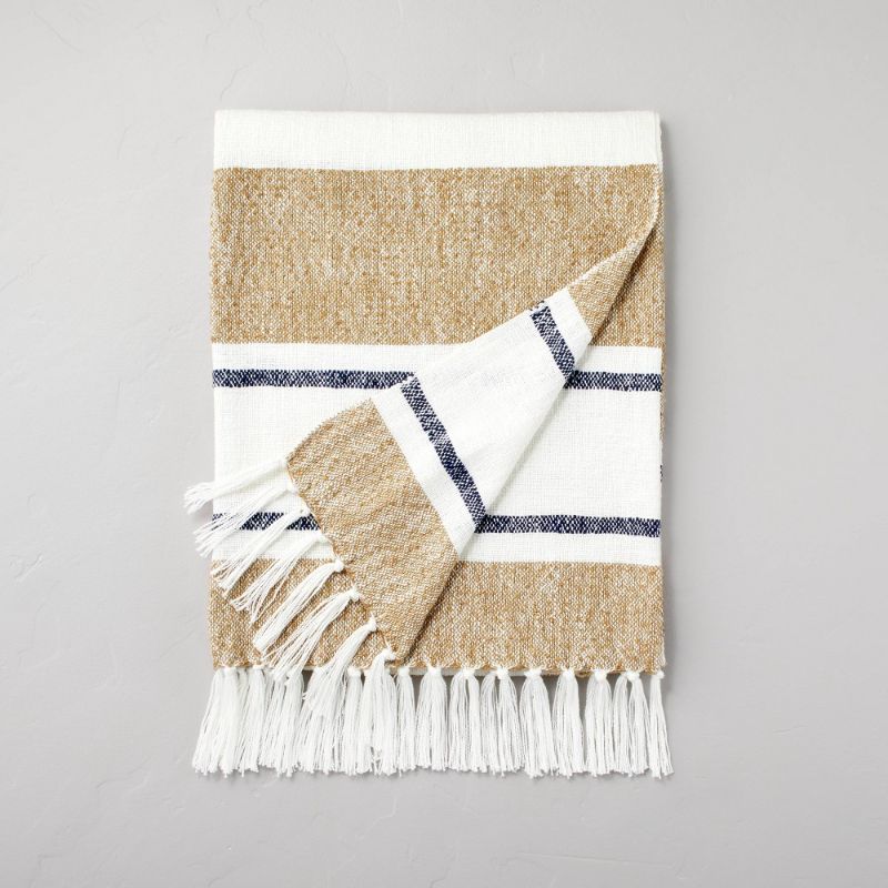 Photo 1 of Neutral Wide Stripe with Knotted Fringe Throw Blanket Cream/Tan/Blue - Hearth & Hand™ with Magnolia
