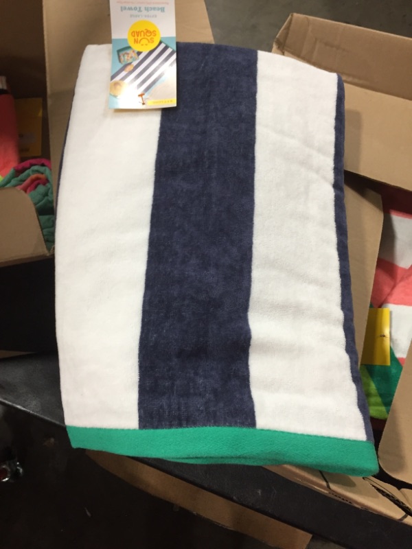 Photo 2 of Reversible Cabana Striped Beach Towel Navy/Green - Sun Squad
