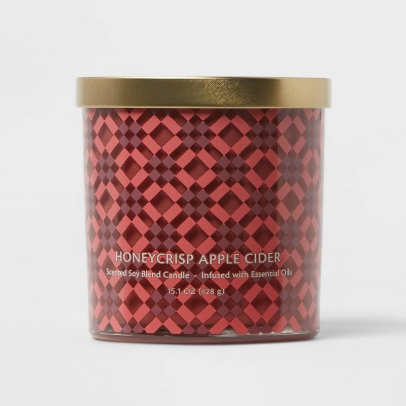 Photo 1 of 15.1oz Honeycrisp Apple Cider Candle Apple Plaid Print - Opalhouse™
