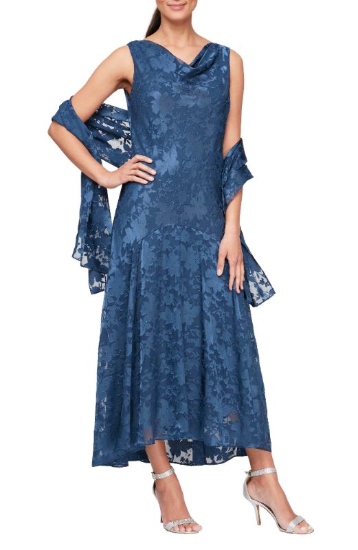 Photo 1 of Alex Evenings Floral Burnout Fil Coupé Dress with Shawl in Wedgewood at Nordstrom, Size 16
