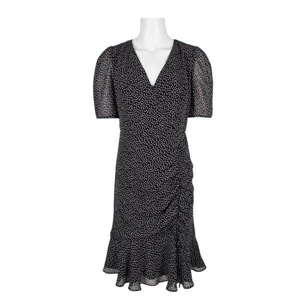 Photo 1 of Adrianna Papell Darling Dot Printed Dress with Shirring Details Black/Ivory 4