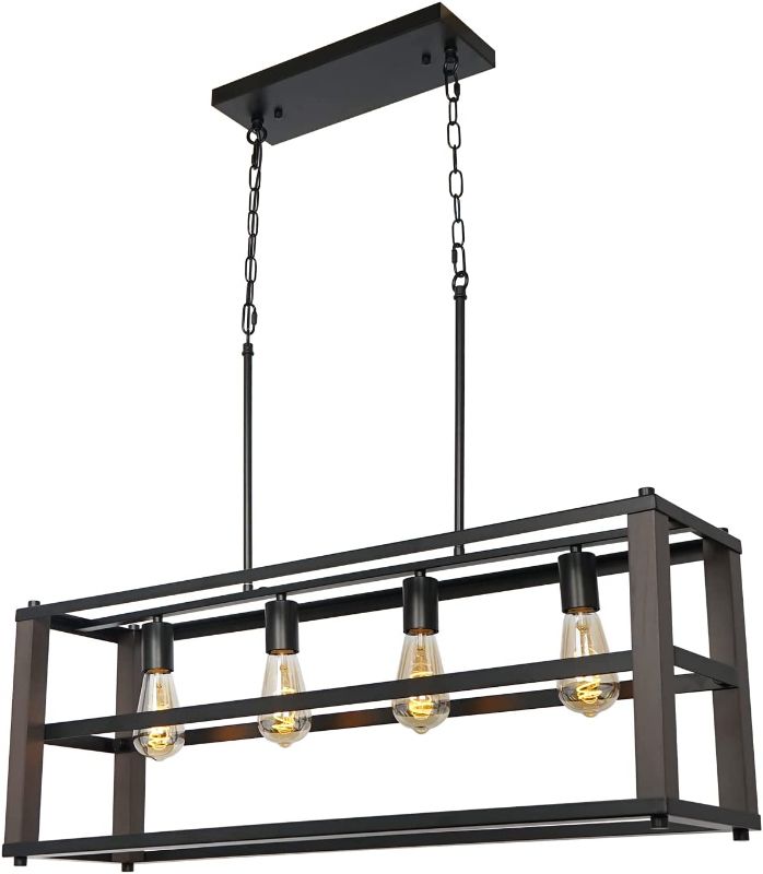 Photo 1 of ZOSIMIO Farmhouse Wood & Metal Rectangular Chandelier, Rustic Industrial Kitchen Island Lighting for Living Room, Dinning Room, Pool Table 